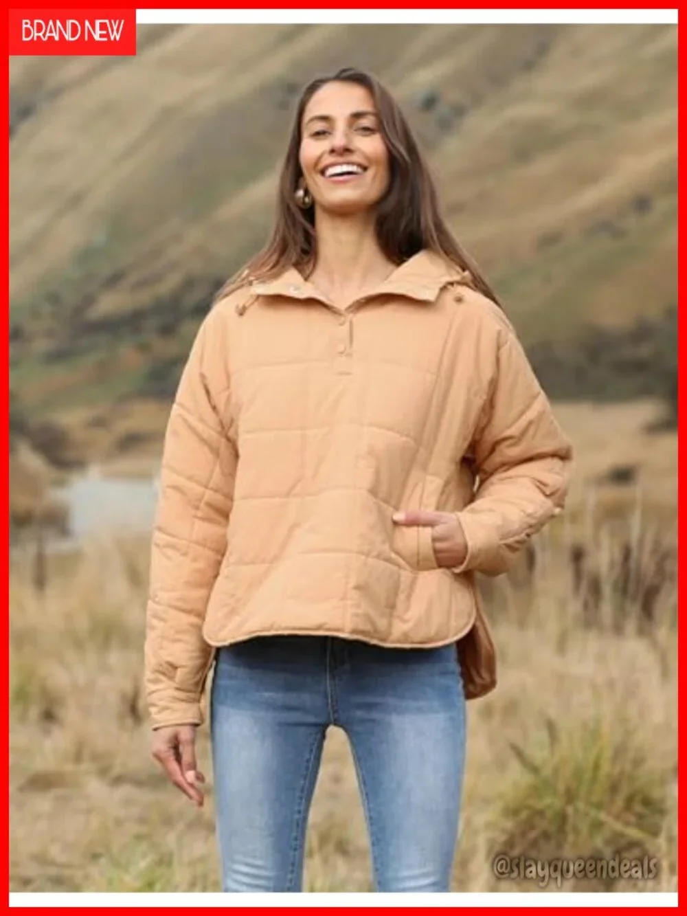 Nylon Pullover Puffer Jacket Quilted Dolman Sleeve Hooded Button Down